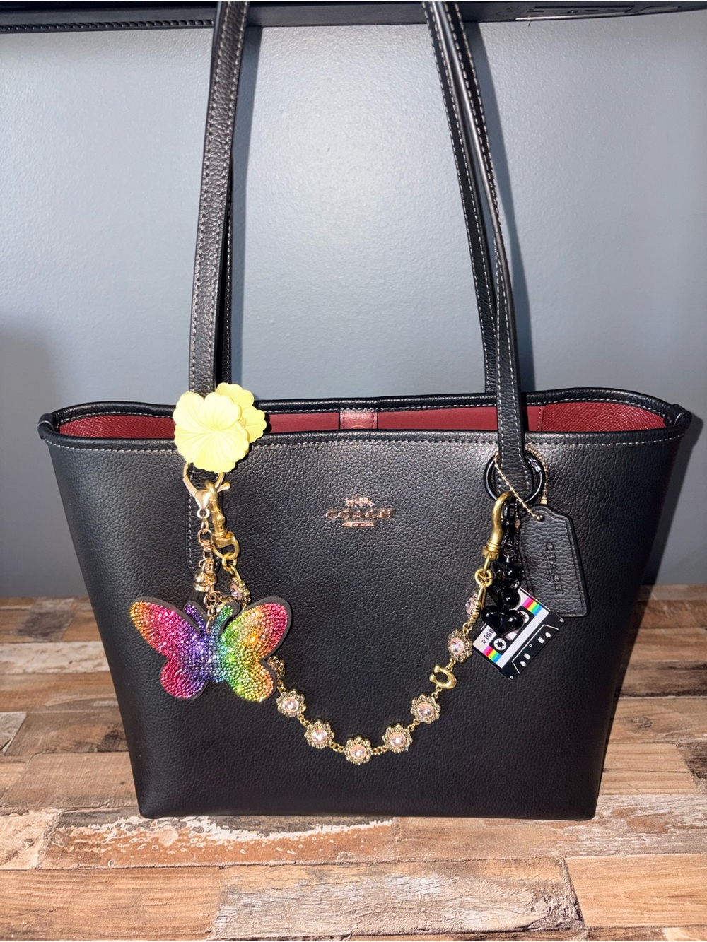 Coach Black Leather Medium Size Tote with Red Interior